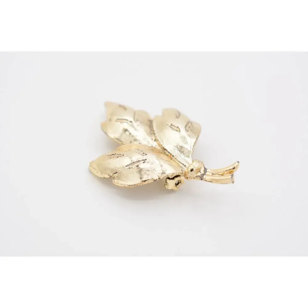 Vintage Wet Textured Leaf Pin Brooch Gold Tone Fall Autumn Chunky 1990s BinAT